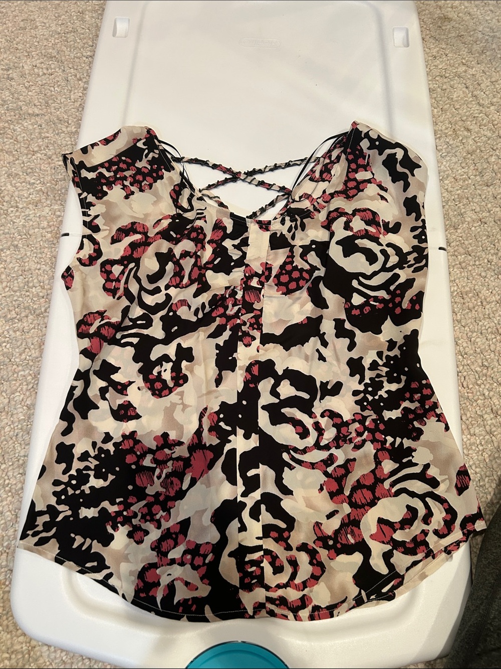 Guess Beige Floral Print Crisscross Tank with Black and Pink Accents
